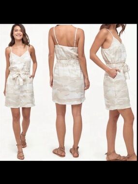 Splendid Tan White Camo Linen Blend Sleeveless Fray Hem Mini Dress Small